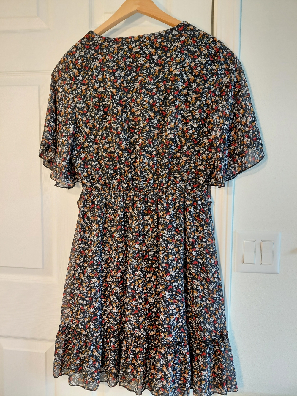 Women's Black Floral Midi Dress with Flutter Sleeves